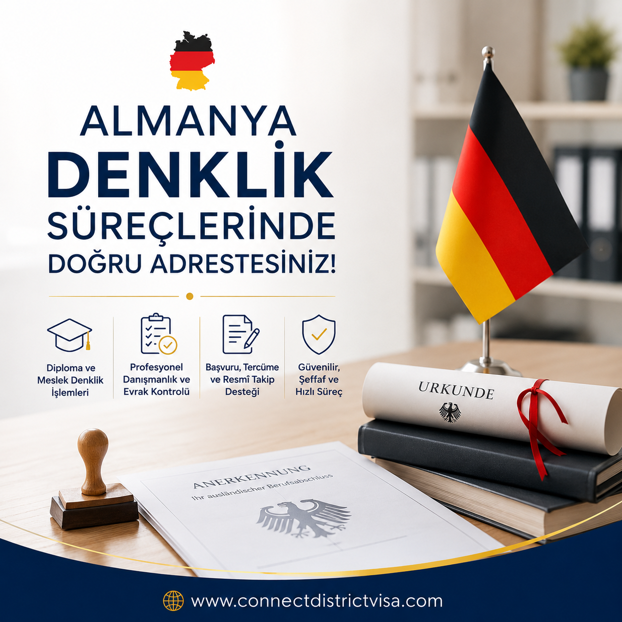 Almanya diploma ve meslek denklik işlemleri, evrak kontrolü, tercüme, başvuru hazırlığı ve resmî kurum süreçlerinde profesyonel danışmanlık desteği.