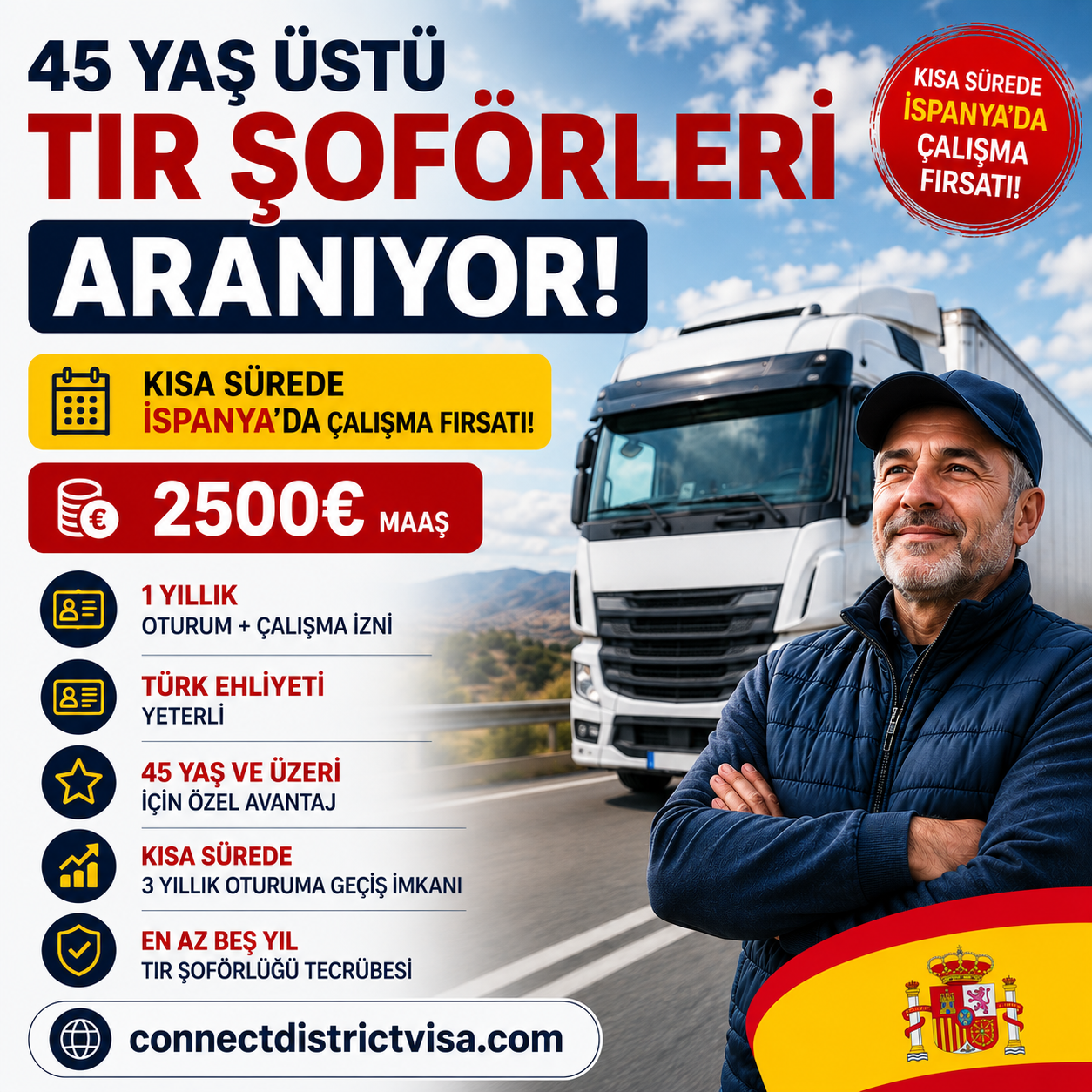 45 Yaş Üstü Tır Şoförleri İçin İspanya Fırsatı